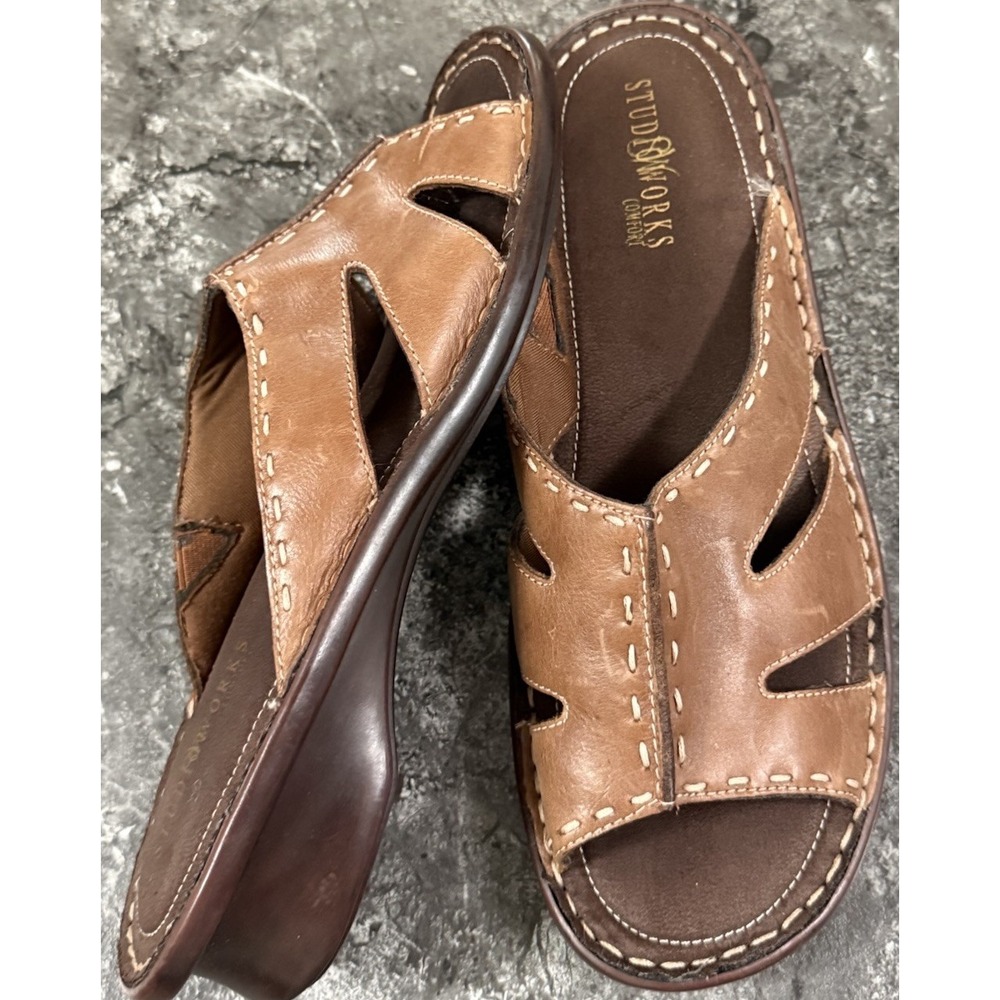 Studio Works Primo Vtg Comfort Peep Toe Leather Slides Slip On Mules Brown Sz 11